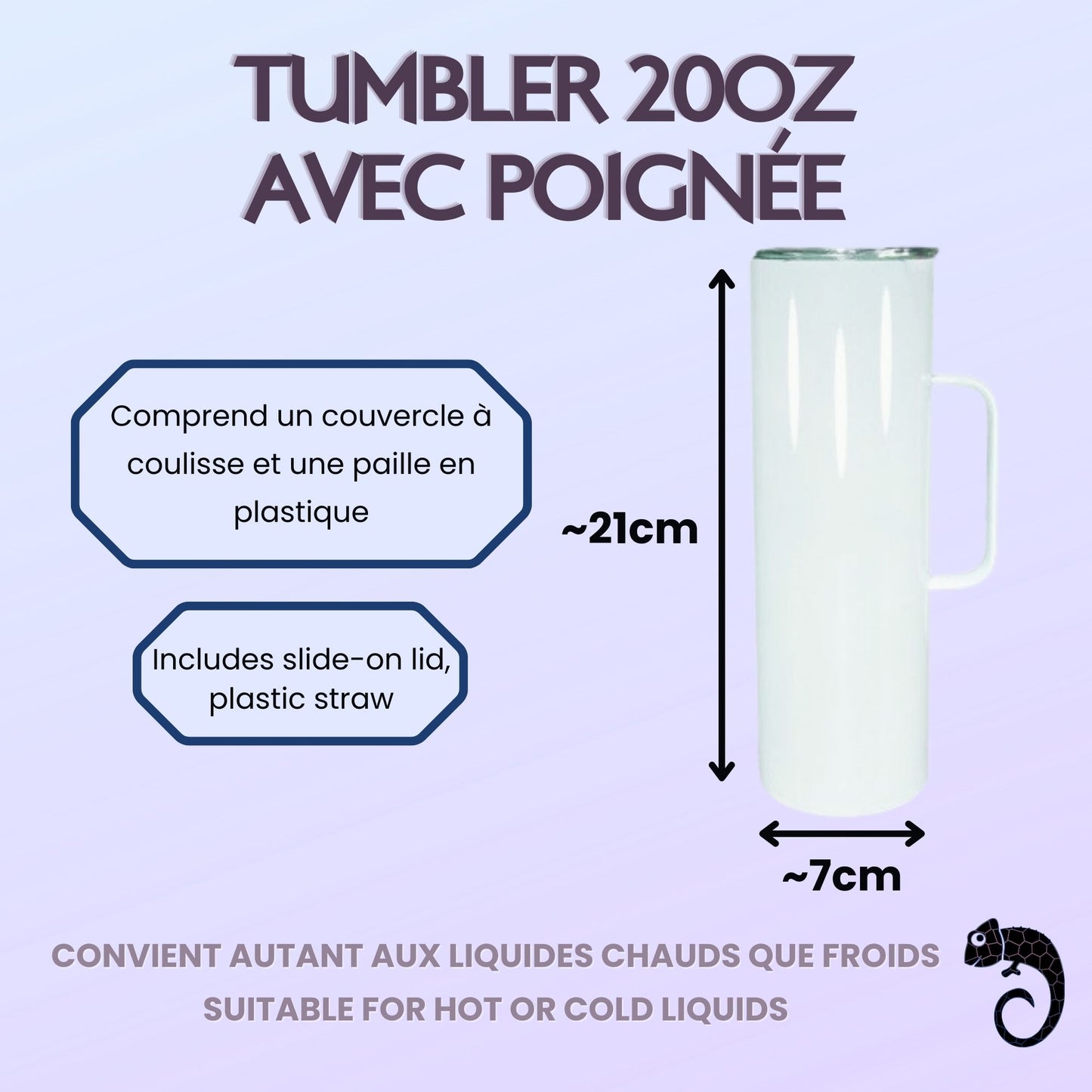 Tumbler isotherme 20 oz avec poignée vierge – Sublimation, UV DTF & Vinyle