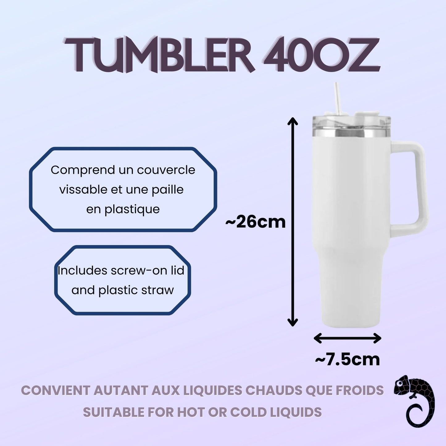 Gobelet / Tumbler 40 oz avec poignée vierge – Sublimation, UV DTF & Vinyle