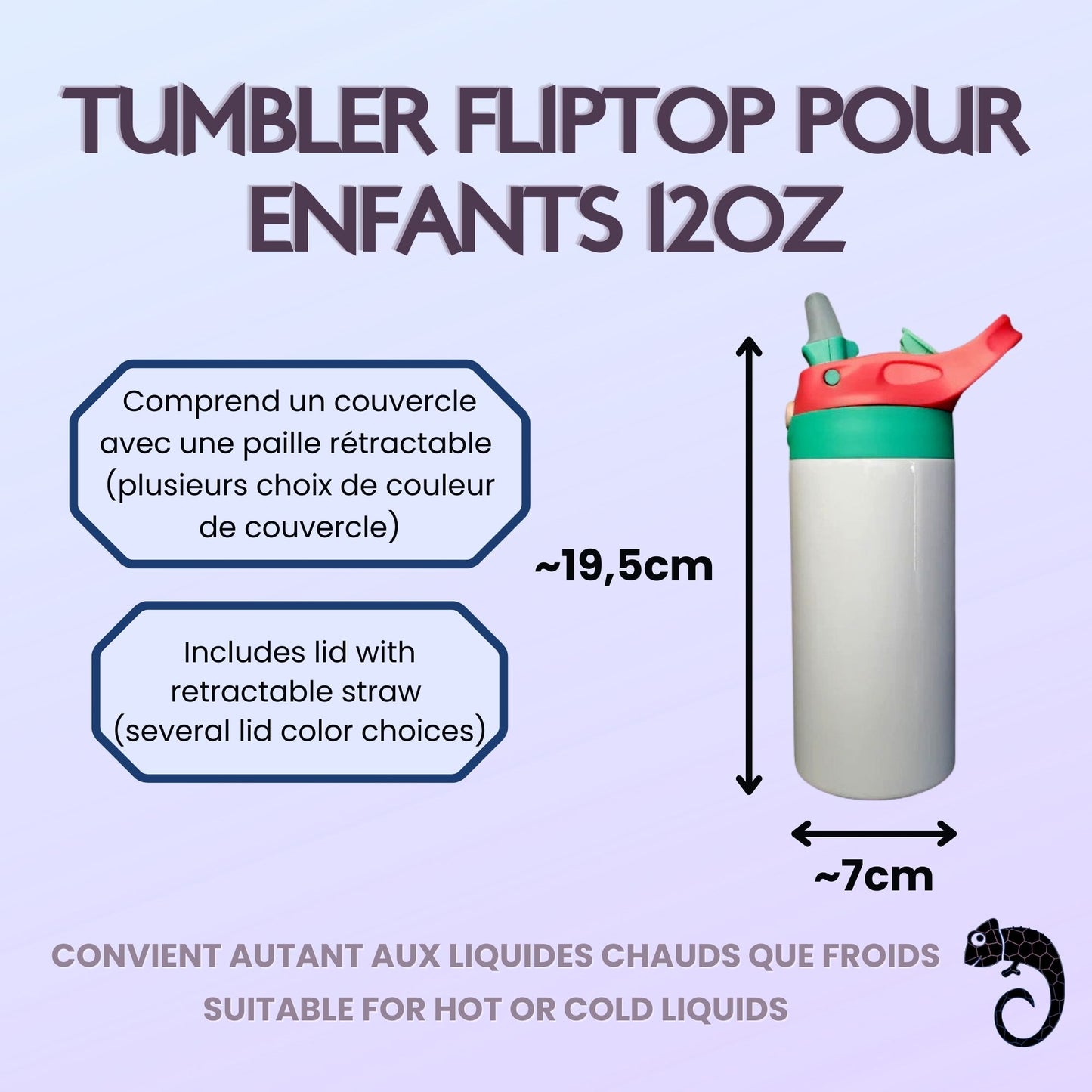 Bouteille / Tumbler enfant 12 oz avec couvercle Flip-Top à bouton-poussoir vierge (6 couleurs au choix) – Sublimation, UV DTF & Vinyle