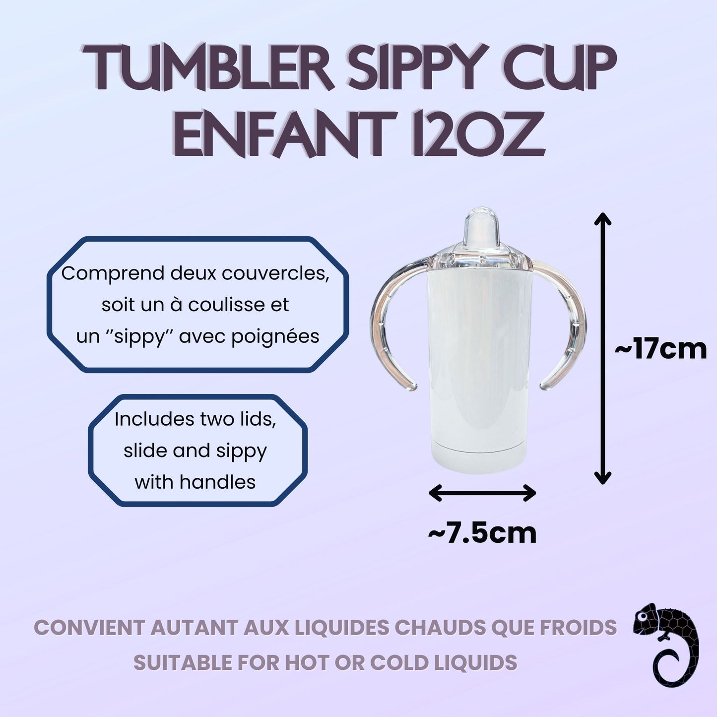 Tasse évolutive / Sippy Cup 12 oz isotherme vierge avec double couvercle & poignées amovibles – Sublimation, UV DTF & Vinyle