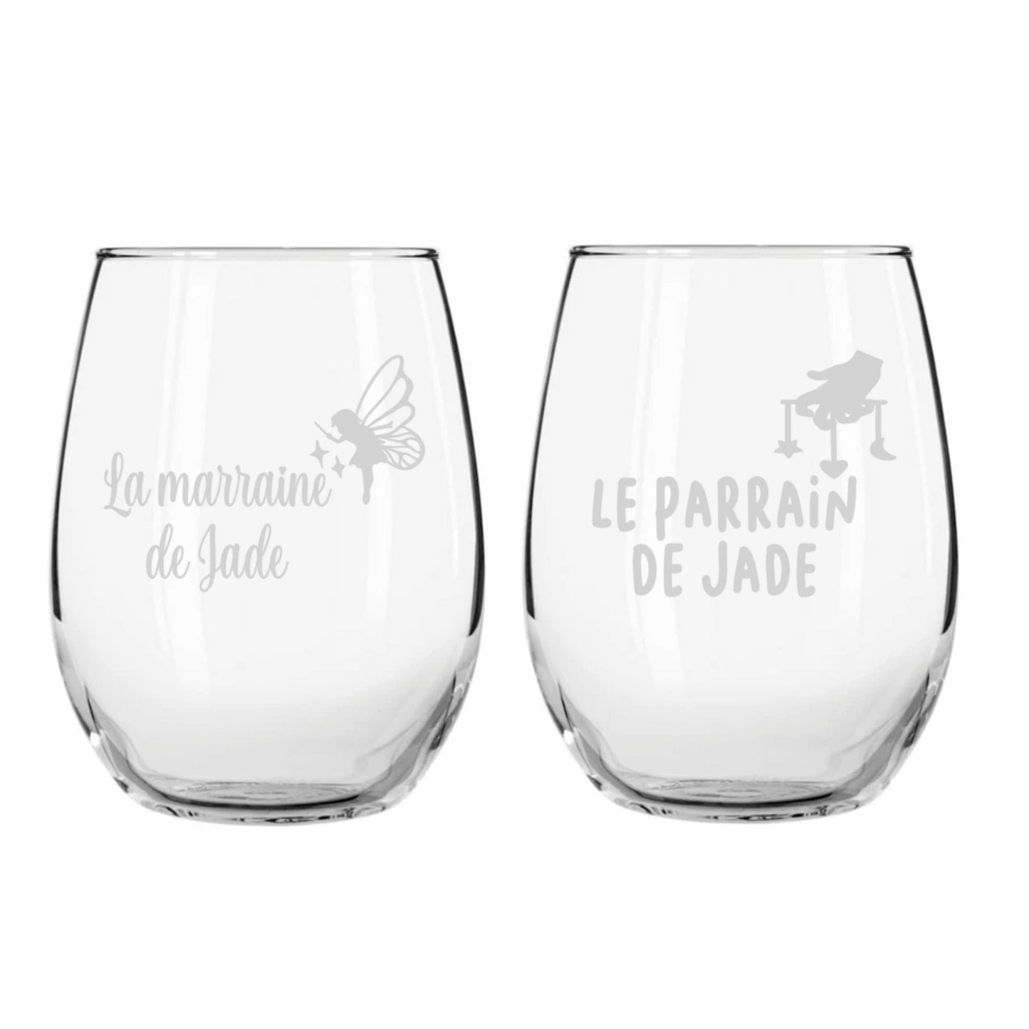 Duo de verres personnalisés – Marraine et Parrain avec prénom – Gravure sur verre (etching)