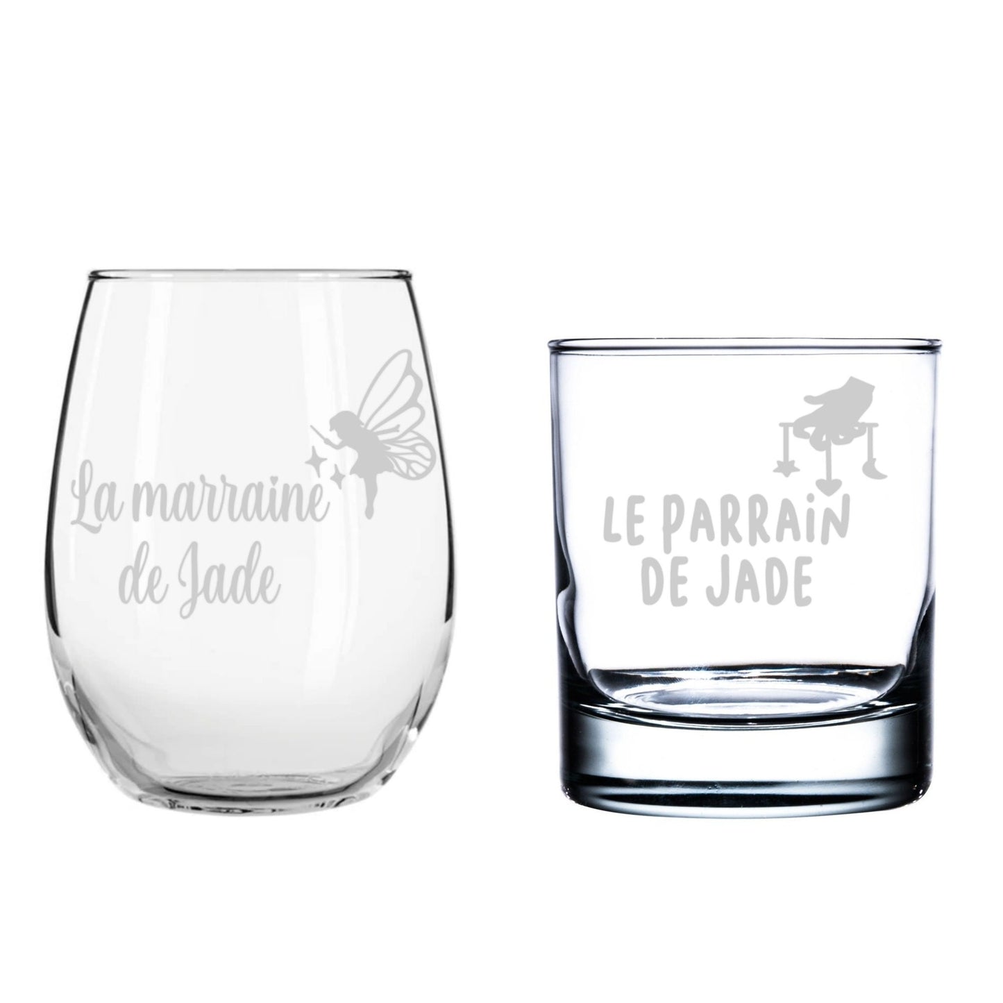 Duo de verres personnalisés – Marraine et Parrain avec prénom – Gravure sur verre (etching)