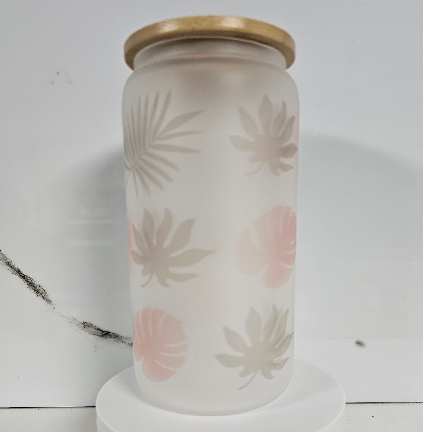 Verre style canette 16oz | Can Glass 16oz | Givré | Feuilles tropicales