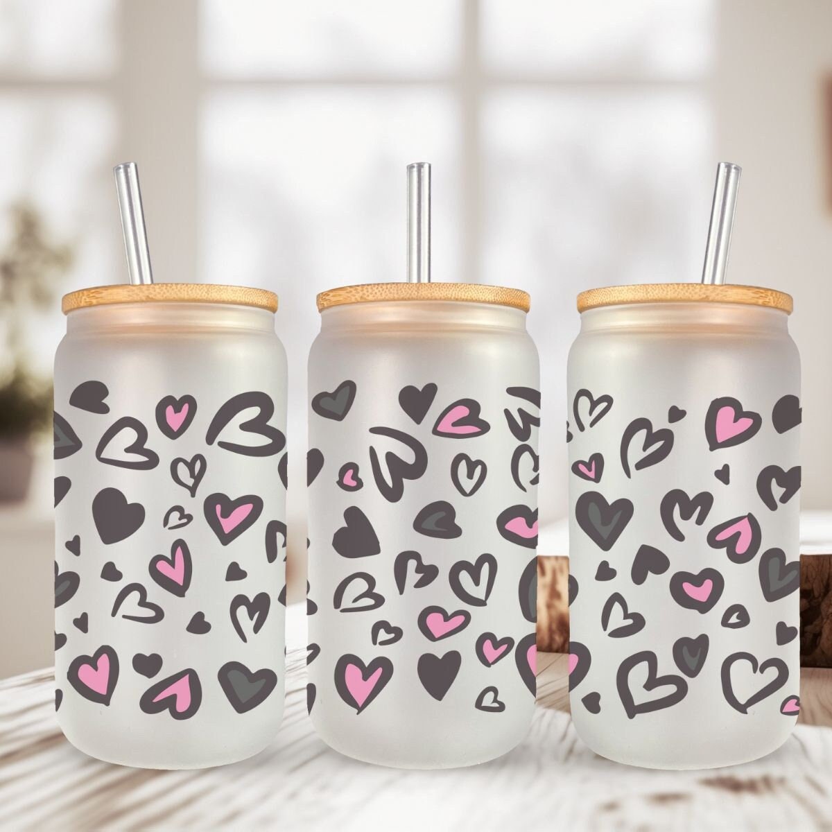 Verre style canette 16oz | Can Glass 16oz | Givré | Coeur léopard