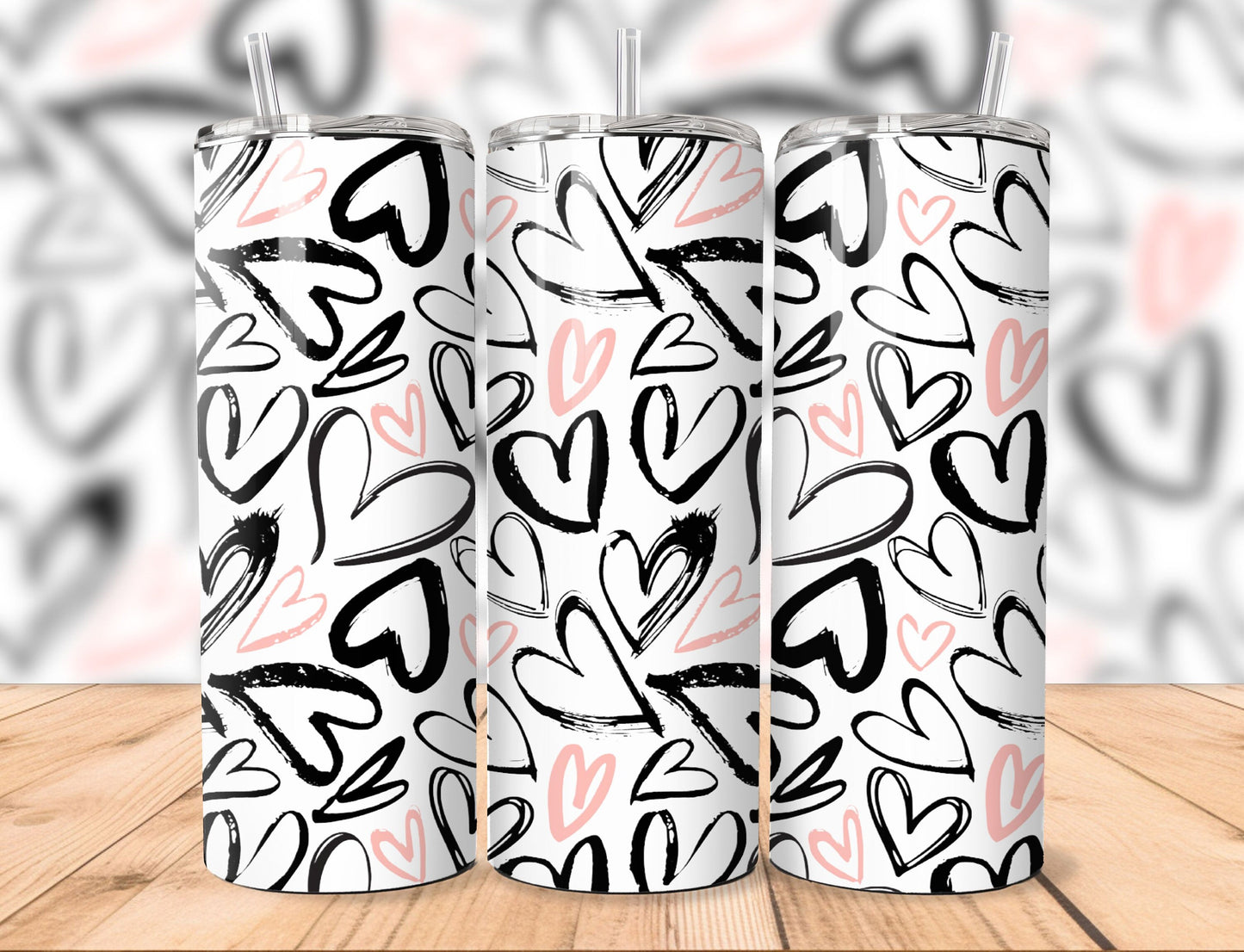 20oz Straight Tumbler | Pink and Black Hearts
