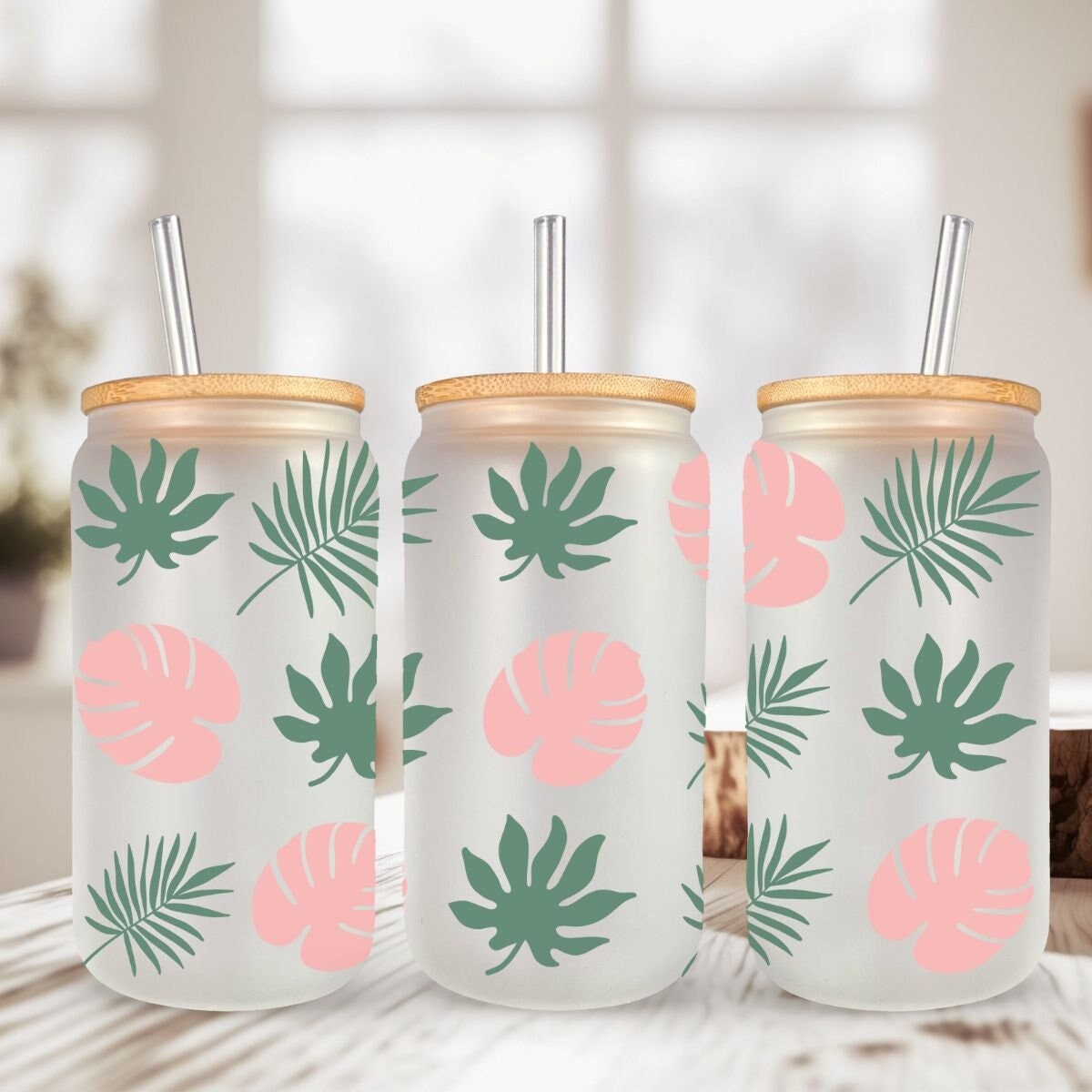Verre style canette 16oz | Can Glass 16oz | Givré | Feuilles tropicales
