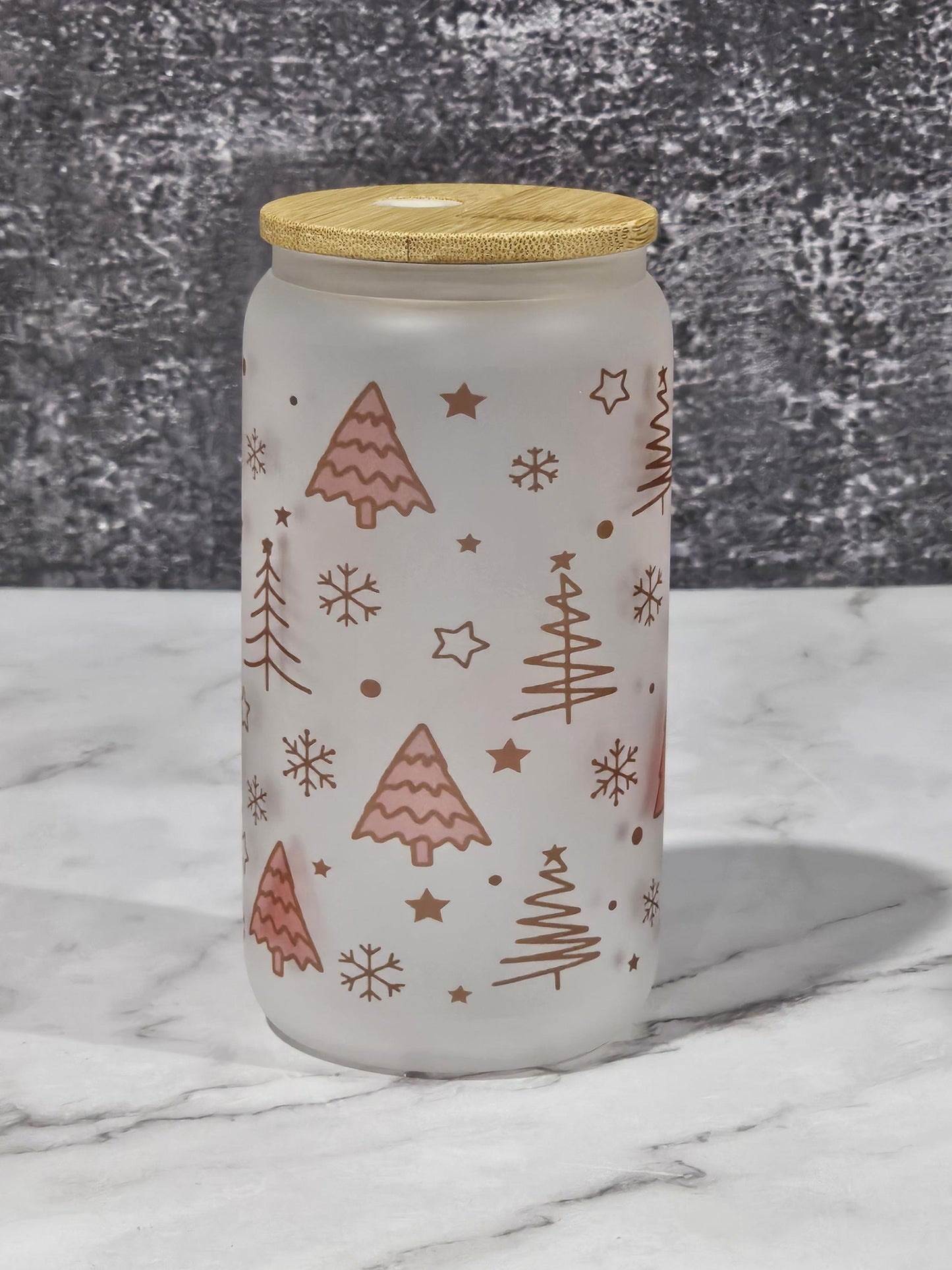 Verre style canette 16oz | Can Glass 16oz | Givré | Sapins Or et Rose