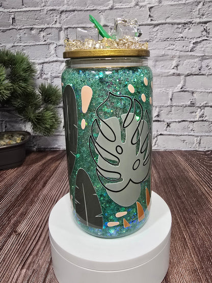 Can Glass 16 oz – Jungle Chic | Feuillage tropical et paillettes vertes