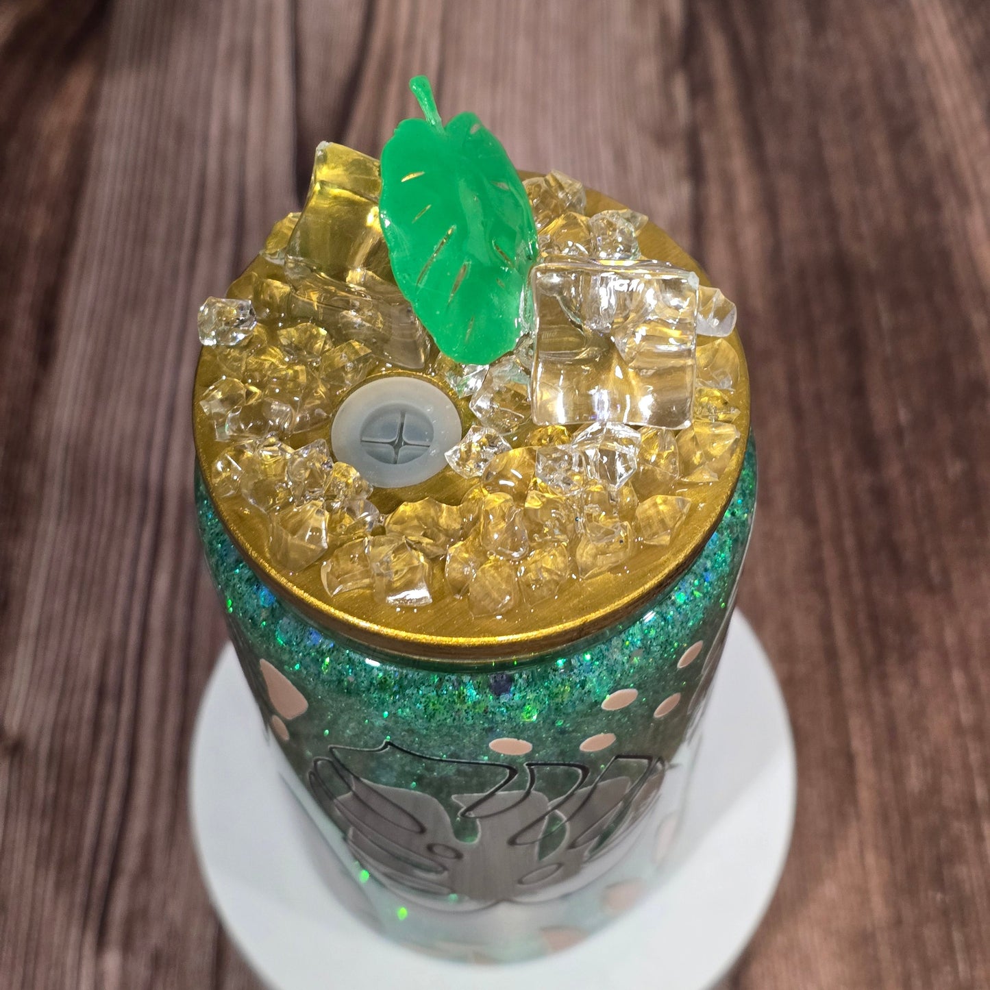 Can Glass 16 oz – Jungle Chic | Feuillage tropical et paillettes vertes