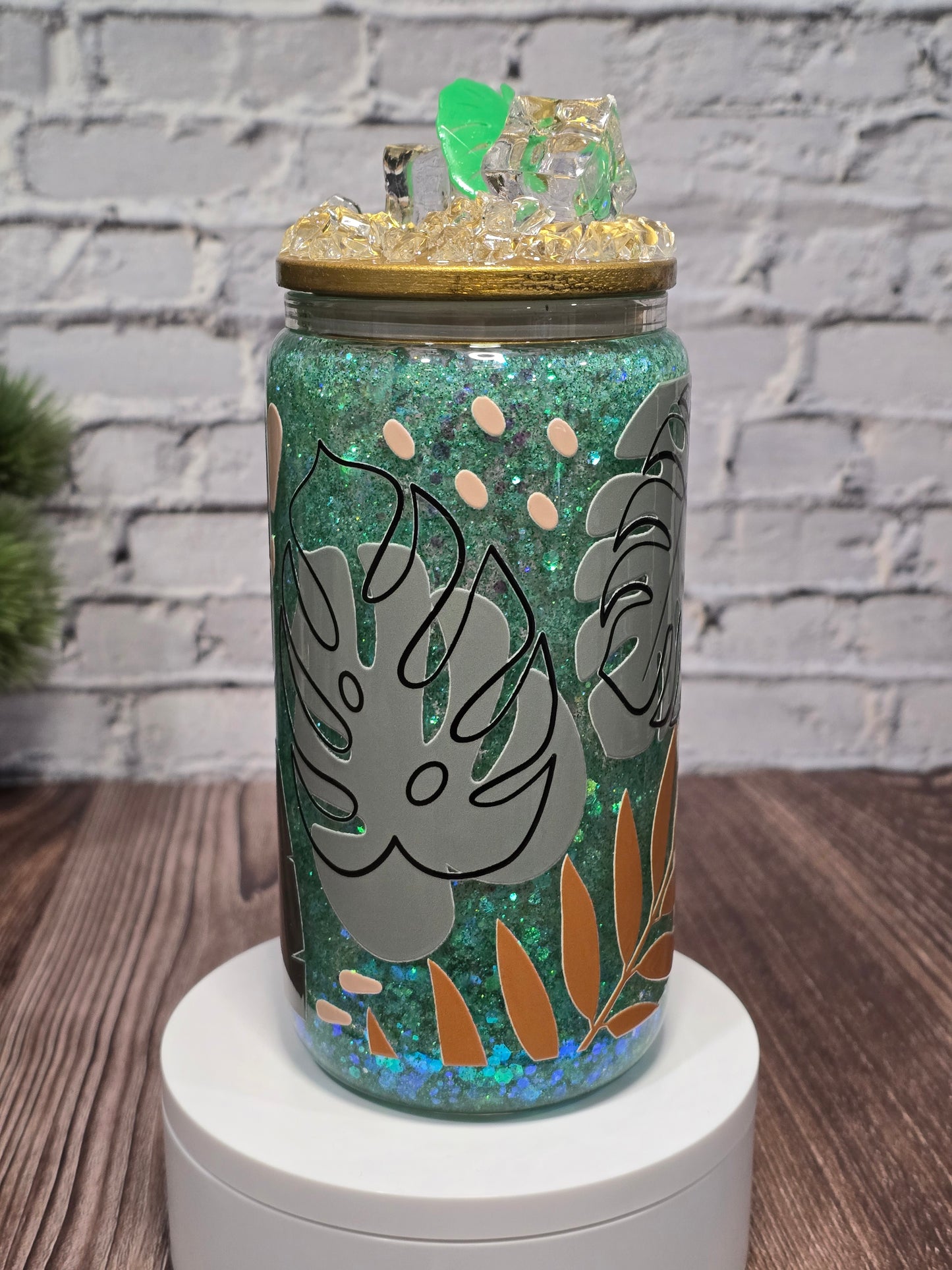 Can Glass 16 oz – Jungle Chic | Feuillage tropical et paillettes vertes