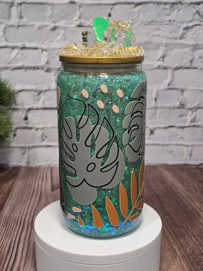 Can Glass 16 oz – Jungle Chic | Feuillage tropical et paillettes vertes
