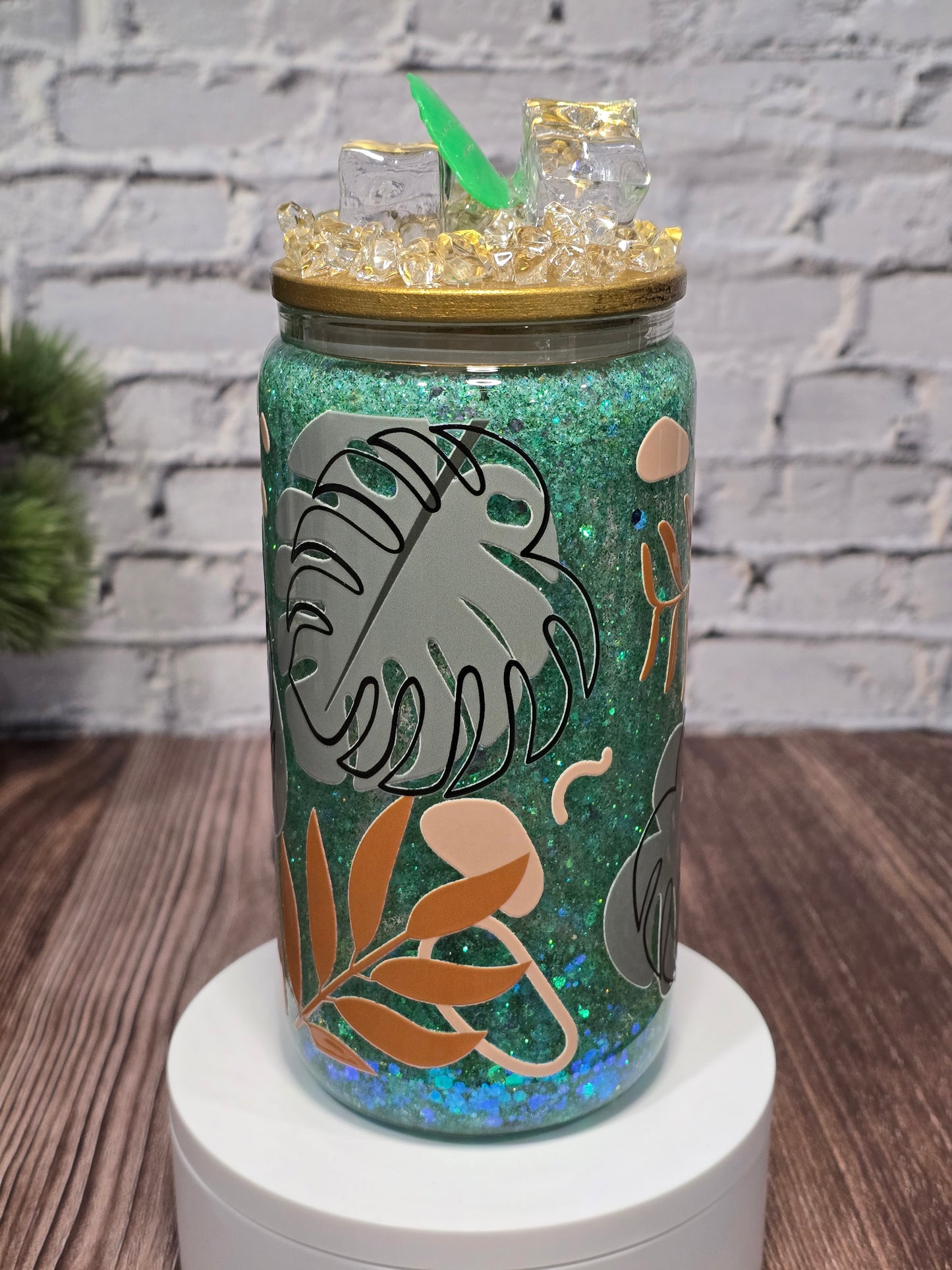 Can Glass 16 oz – Jungle Chic | Feuillage tropical et paillettes vertes