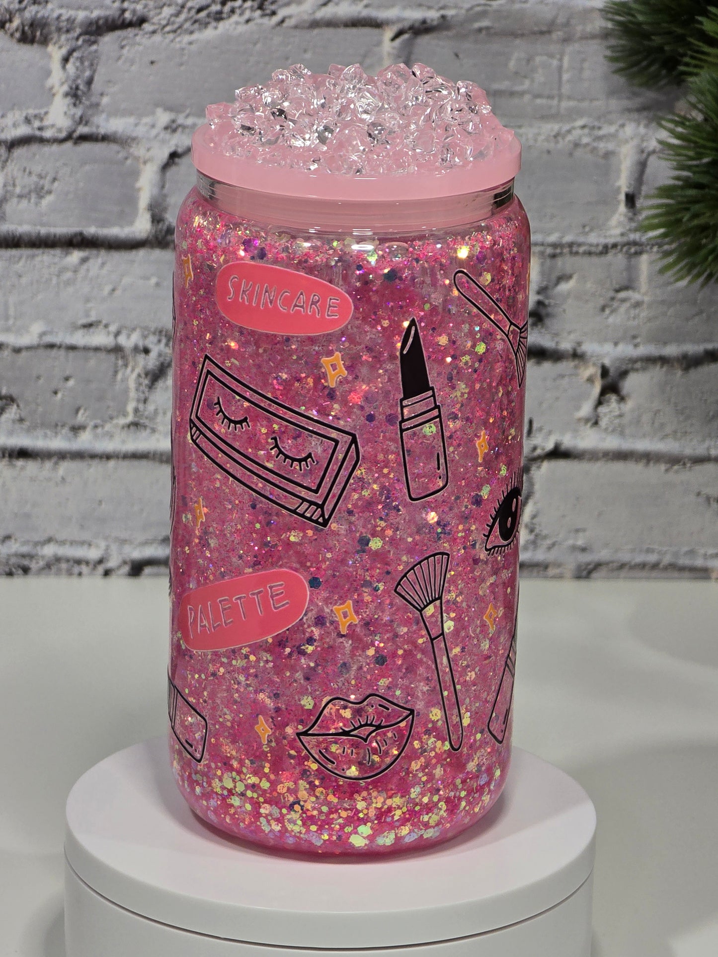 Can Glass 16oz “Pink Dream” – Édition maquillage et paillettes