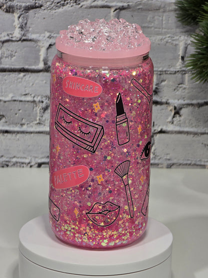 Can Glass 16oz “Pink Dream” – Édition maquillage et paillettes