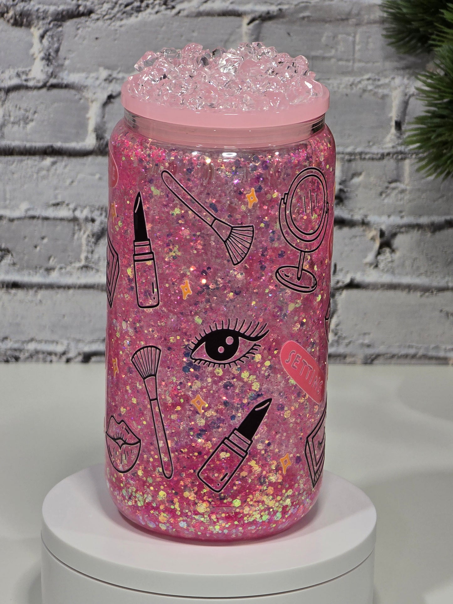 Can Glass 16oz “Pink Dream” – Édition maquillage et paillettes