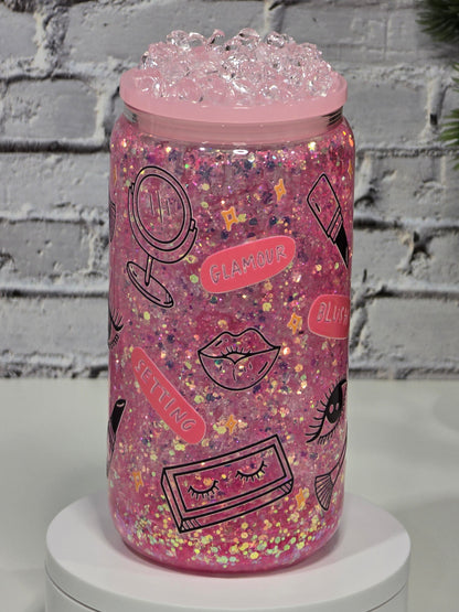 Can Glass 16oz “Pink Dream” – Édition maquillage et paillettes
