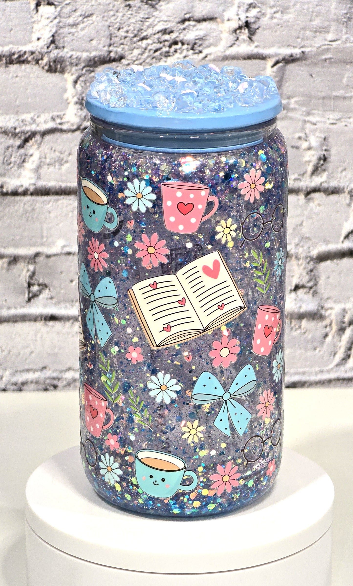 Can Glass 16 oz – Cozy Reading 📚☕| Snowglobe paillettes