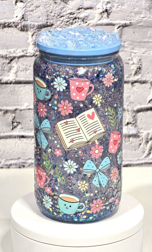 Can Glass 16 oz – Cozy Reading 📚☕| Snowglobe paillettes