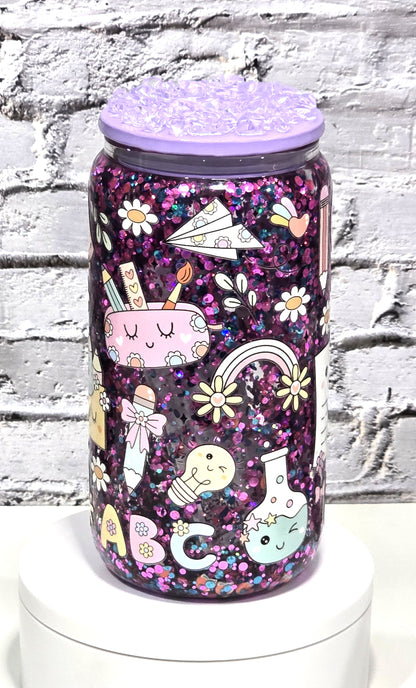 Can Glass 16 oz – Back to School Vibe 📝💜| Snowglobe paillettes