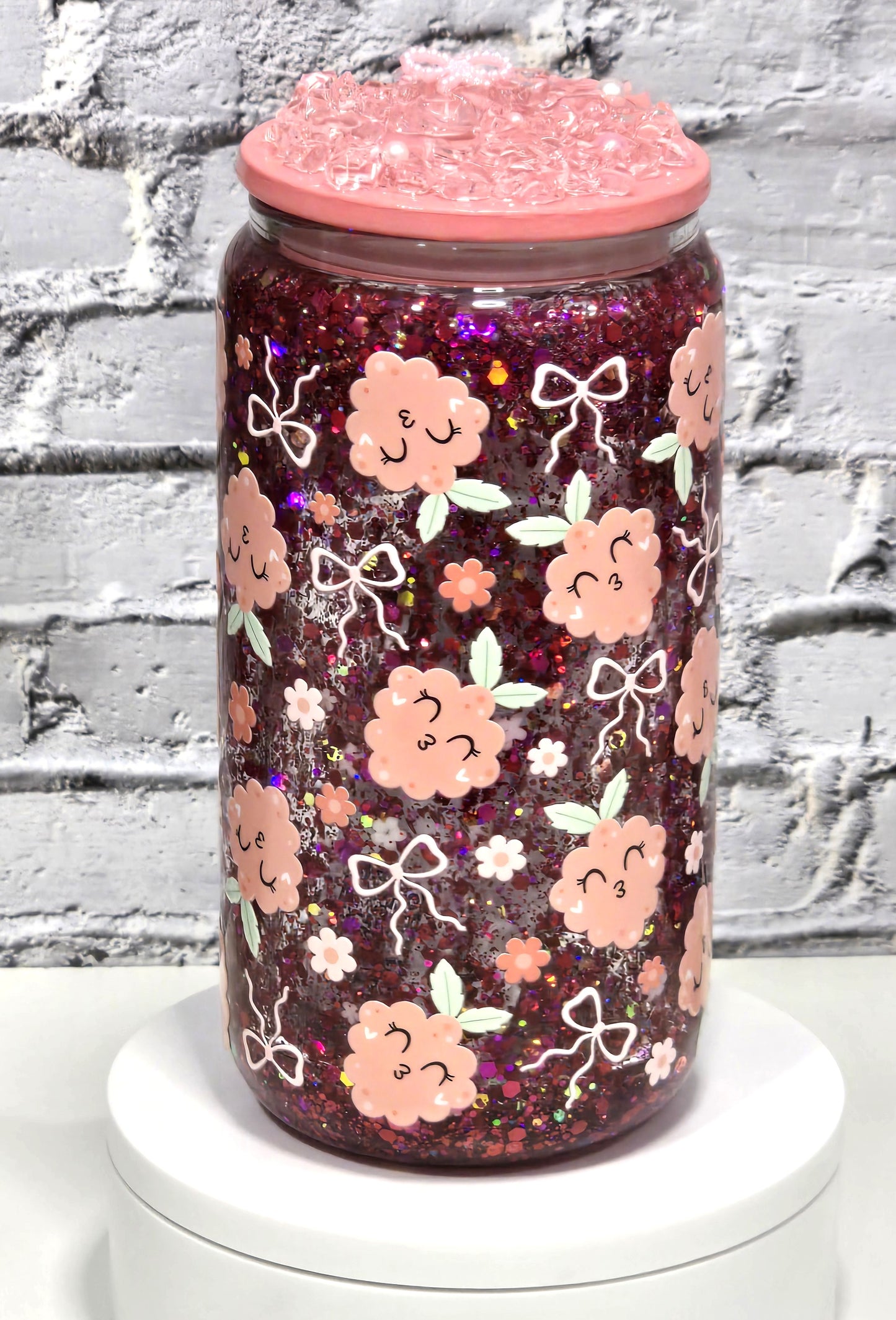 Can Glass 16 oz – Coquette Garden🌸🎀| Snowglobe paillettes