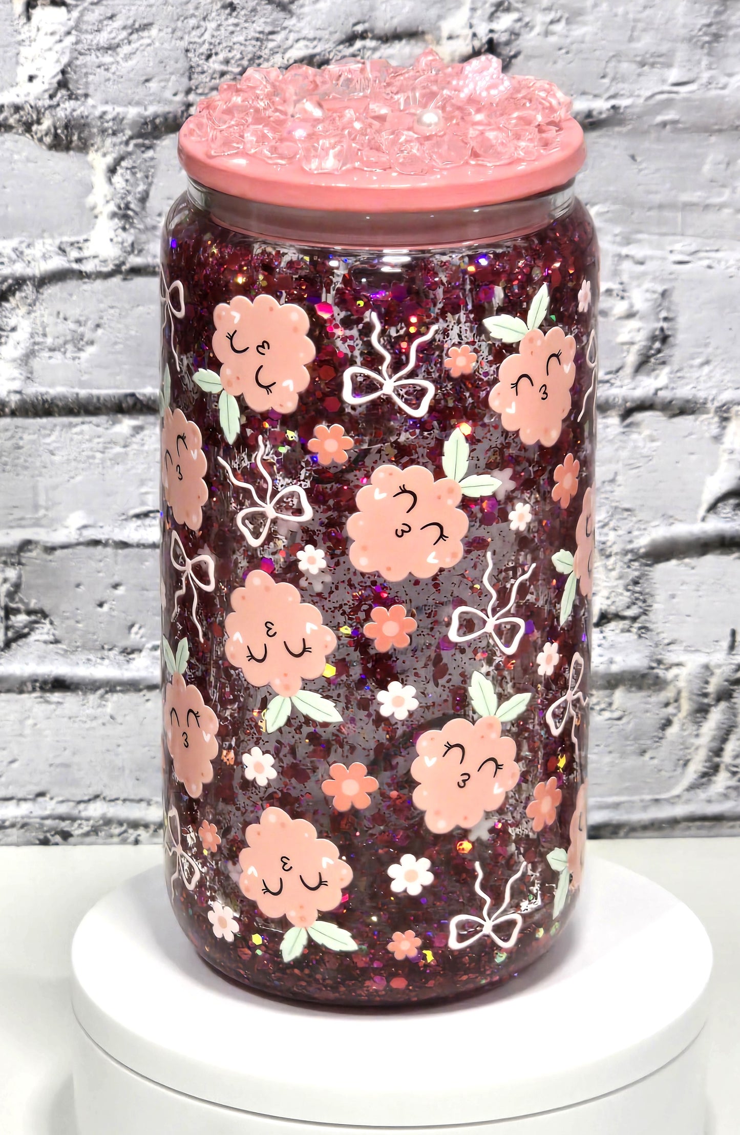 Can Glass 16 oz – Coquette Garden🌸🎀| Snowglobe paillettes