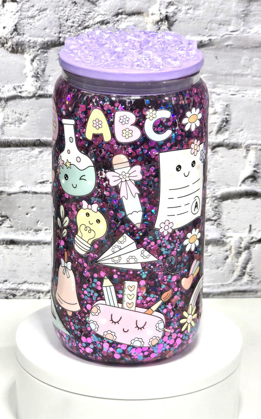Can Glass 16 oz – Back to School Vibe 📝💜| Snowglobe paillettes