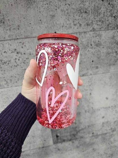 Verre Can Glass Snow Globe 16 oz – Modèle Cœurs & Paillettes Roses 💖✨