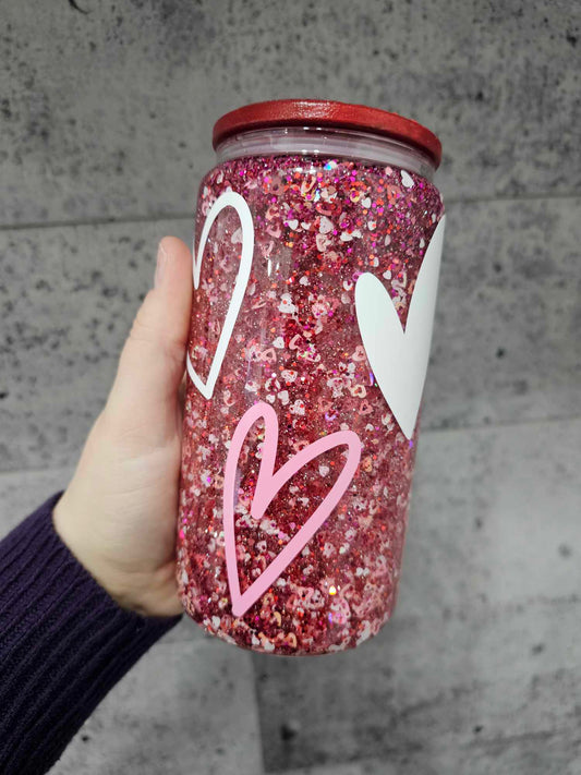 Verre Can Glass Snow Globe 16 oz – Modèle Cœurs & Paillettes Roses 💖✨