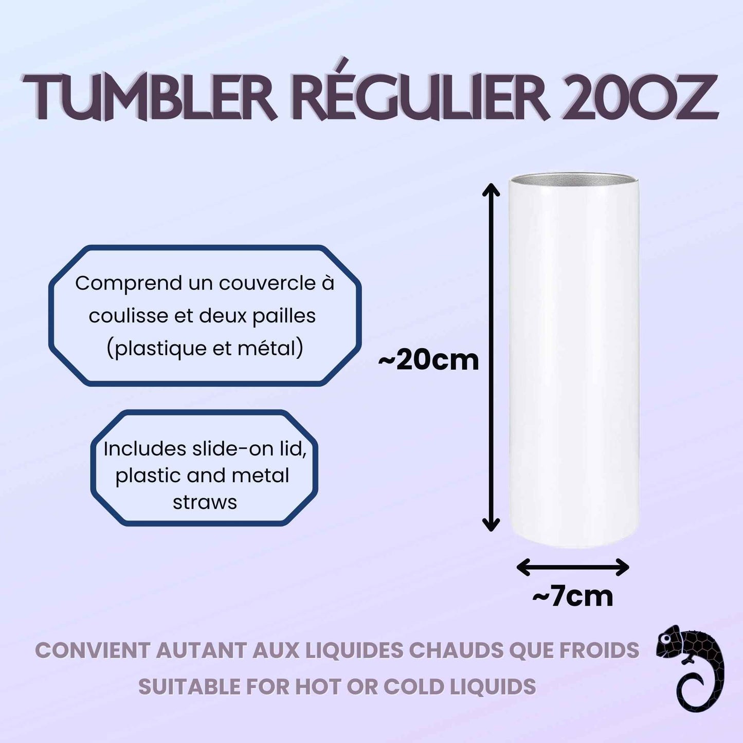 Tumbler droit 20 oz (Skinny Straight) vierge avec paille en métal, brosse, shrink wrap & boîte cadeau – Sublimation, UV DTF & Vinyle