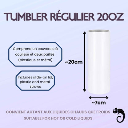 Tumbler droit 20 oz (Skinny Straight) vierge avec paille en métal, brosse, shrink wrap & boîte cadeau – Sublimation, UV DTF & Vinyle