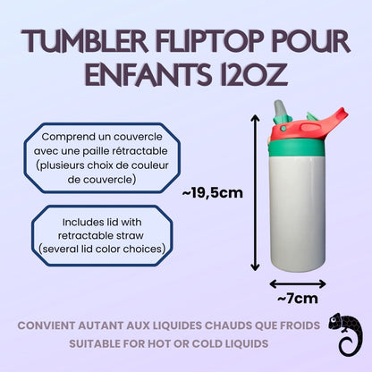 Bouteille / Tumbler enfant 12 oz avec couvercle Flip-Top à bouton-poussoir vierge (6 couleurs au choix) – Sublimation, UV DTF & Vinyle