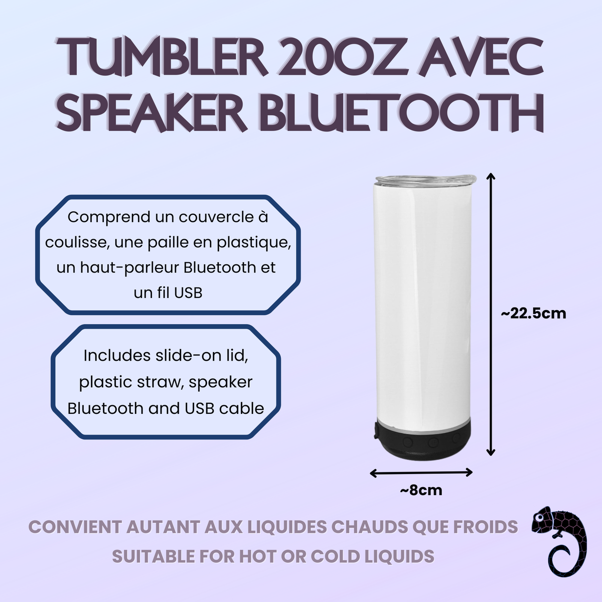 Tumbler isotherme 20 oz avec haut-parleur Bluetooth dévissable & lumières LED – Sublimation, UV DTF & Vinyle