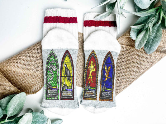 Bas Poudlard vitraux | Chaussettes maisons magiques sorcier | Chaussettes douces | Grandeur Medium