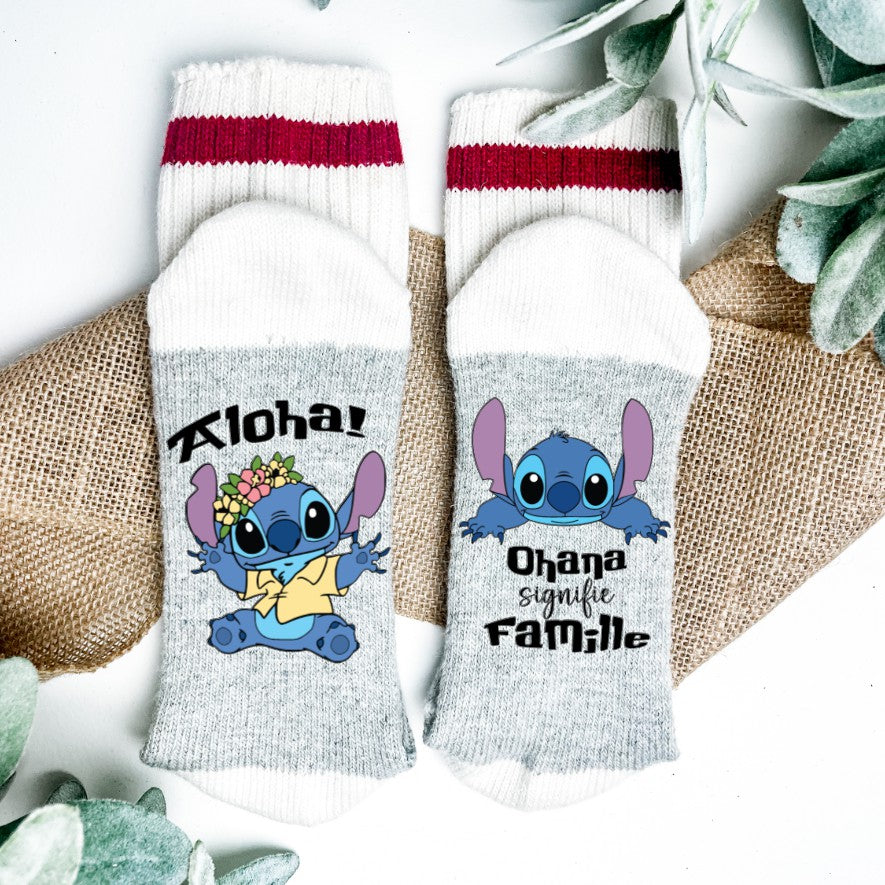 Bas Stitch | Ohana signifie famille | Chaussettes douces thème Lilo et Stitch | Grandeur Medium