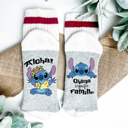 Bas Stitch | Ohana signifie famille | Chaussettes douces thème Lilo et Stitch | Grandeur Medium
