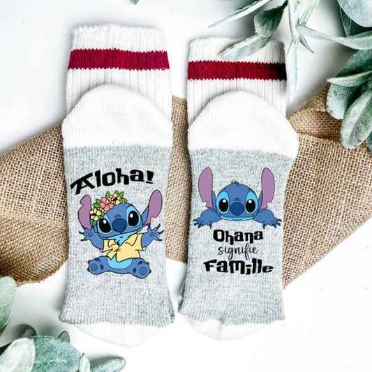 Bas Stitch | Ohana signifie famille | Chaussettes douces thème Lilo et Stitch | Grandeur Medium