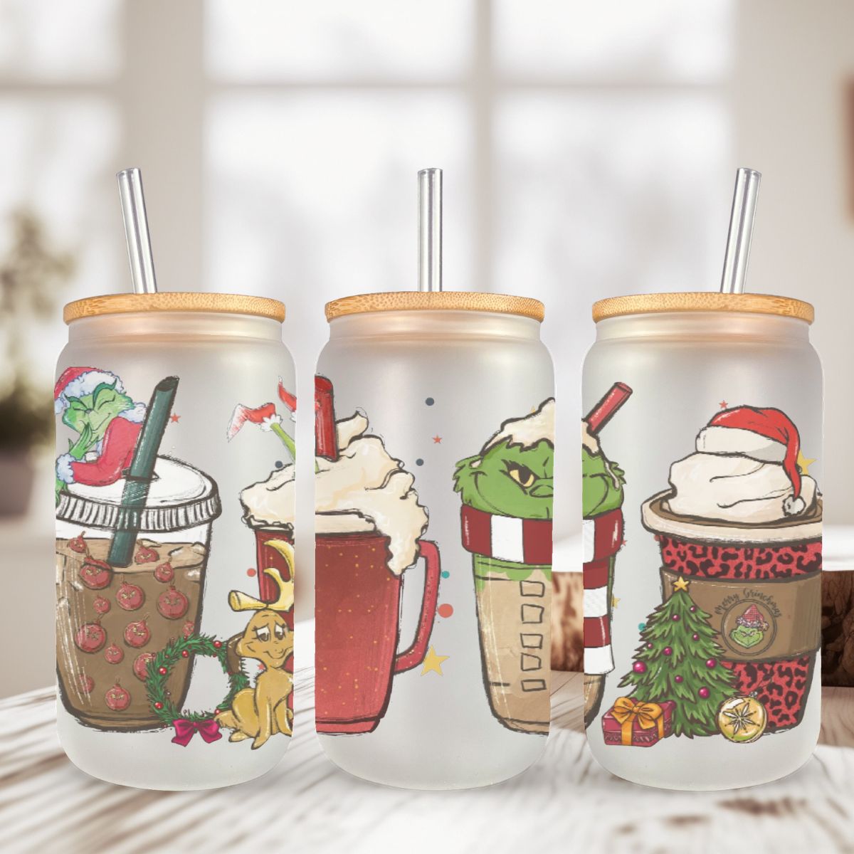 Verre Can Glass Givré 16 oz – Modèle "Grinch & Café de Noël" 🎄☕