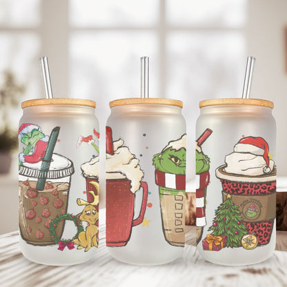 Verre Can Glass Givré 16 oz – Modèle "Grinch & Café de Noël" 🎄☕