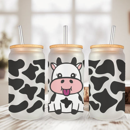 Verre Can Glass Givré 16 oz – Modèle "Vache Mignonne" 🐮🖤🤍