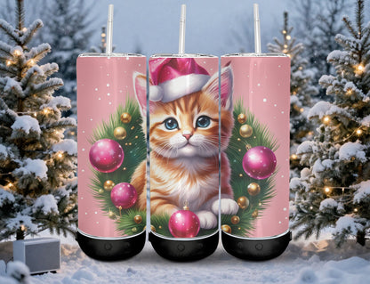 Tumbler 20 oz avec Speaker Bluetooth | Gobelet Noël chaton chat mignon, boules roses | Tasse isotherme lumineuse et musicale