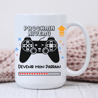 Tasse en céramique – “Prochain niveau : devenir mon Parrain” 🎮❤️