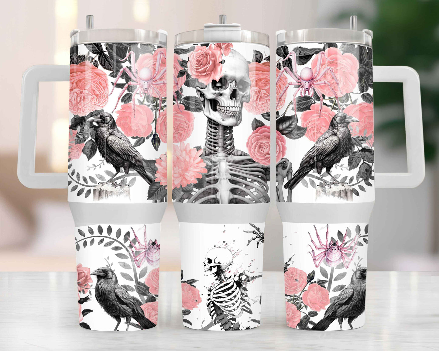 Tumbler 40oz – Floral Gothique : Crâne, Roses et Corbeaux 🖤🌸