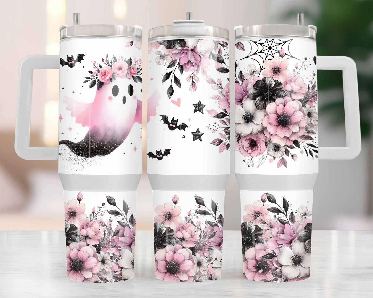 Tumbler isothermique 40oz – Fantôme & Fleurs Roses 👻🌸