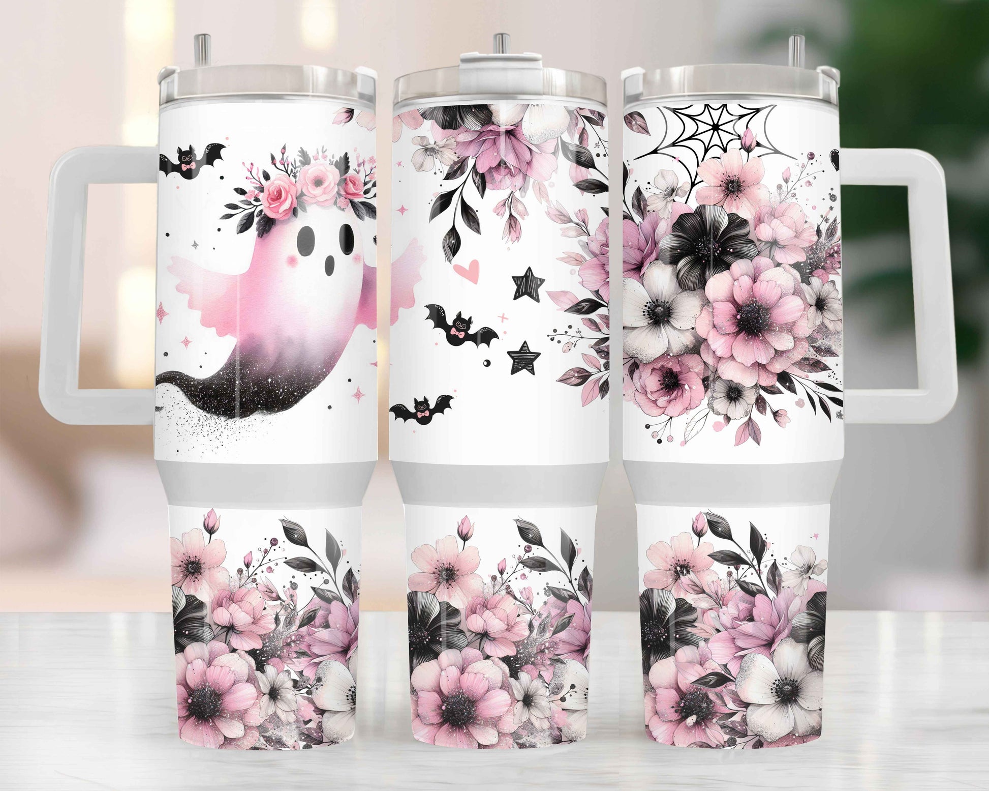 Tumbler isothermique 40oz – Fantôme & Fleurs Roses 👻🌸