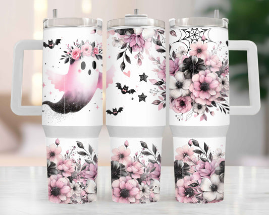 Tumbler isothermique 40oz – Fantôme & Fleurs Roses 👻🌸