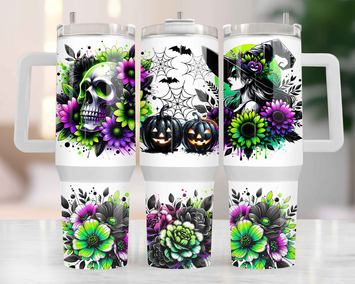 Tumbler isothermique 40oz – Sorcière & Fleurs Néon 💚💜🖤