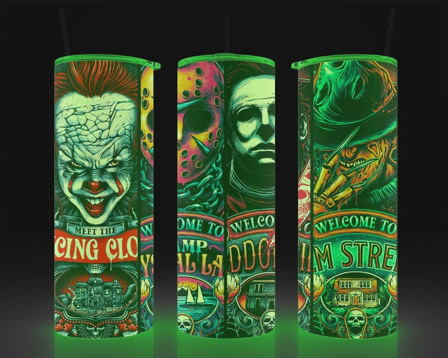 Tumbler 20 oz Films d'horreur | Gobelet phosphorescent Glow in the Dark | Tasse tueurs en série, Halloween, Pennywise, Jason