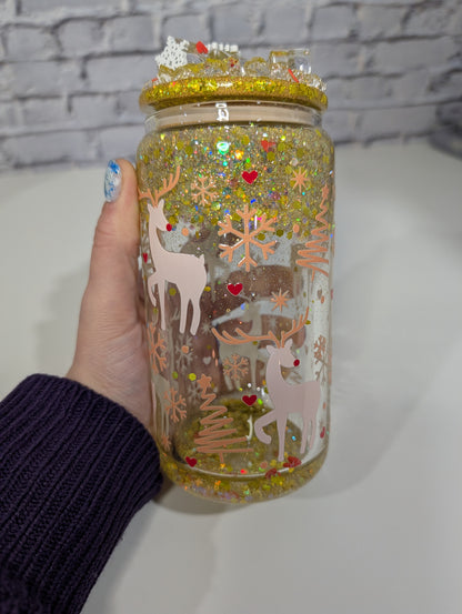 Verre Can Glass Snow Globe 16 oz – Modèle "Rênes & Flocons" 🦌❄️