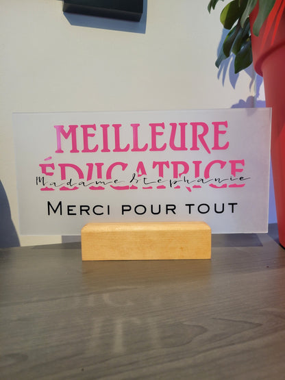 2mm acrylic plaque ''Best Educator'', personalized with name, with wooden support