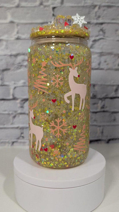 Verre Can Glass Snow Globe 16 oz – Modèle "Rênes & Flocons" 🦌❄️